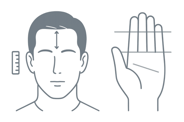 おでこの正常な広さと指を使ったセルフチェック図解