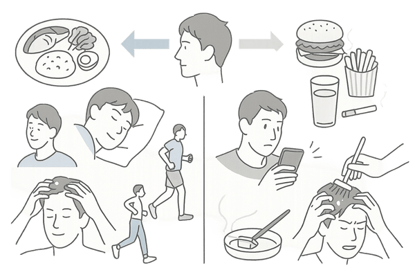 薄毛の進行を左右する生活習慣・ストレス・ヘアケアの良い例と悪い例の比較イメージ