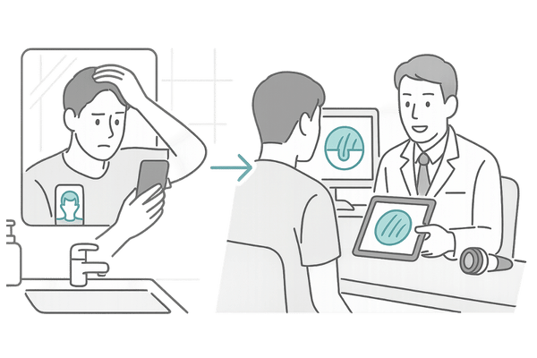薄毛の早期発見セルフチェックとAGA専門クリニック相談のイメージ図
