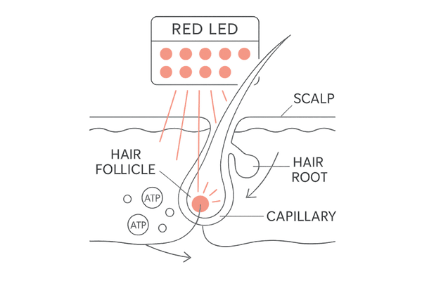 医療用LEDの光が毛母細胞に作用し発毛を促すメカニズム図