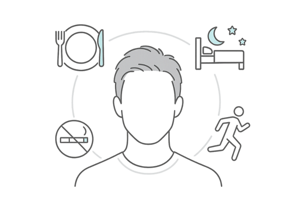 ミノキシジルの効果を高める生活習慣（食事・睡眠・運動・禁煙）のイメージ図