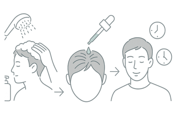ミノキシジル外用薬の正しい塗布手順と1日2回使用のイメージ図