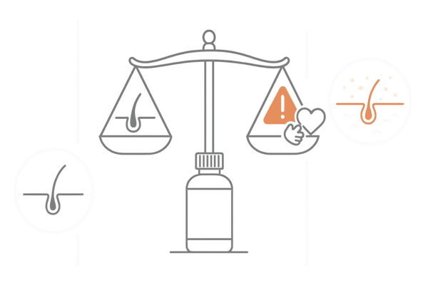 5%を超える高濃度ミノキシジルと副作用リスクのバランスを示した注意喚起イラスト