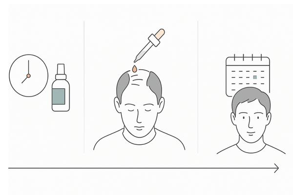 ミノキシジル外用薬の正しい使い方と継続のポイントを3ステップで示した図
