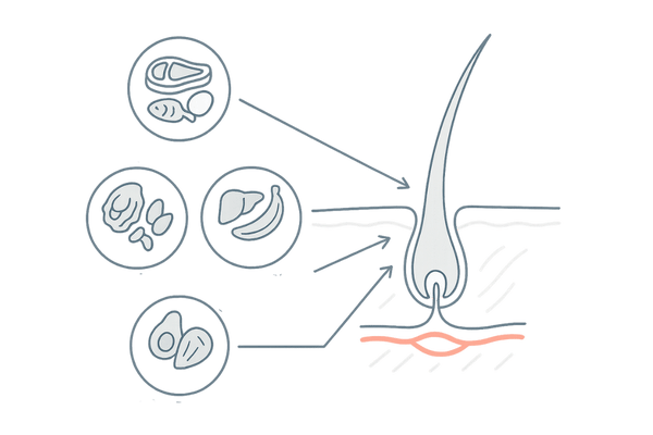 タンパク質・亜鉛・ビタミンが髪の成長を支える仕組み図（毛根断面イラスト）
