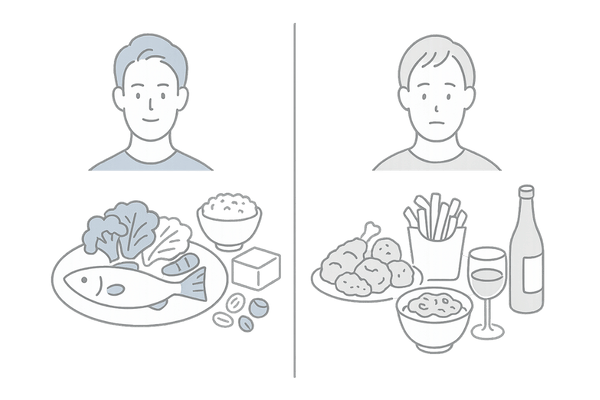 ミノキシジル治療中に控えたい高脂質・高塩分・アルコールと、髪に良い食事の対比イラスト