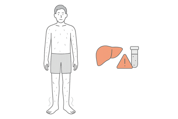 ミノクソール内服薬（ミノタブ）特有の副作用イメージ図（多毛症・むくみ・肝機能障害）