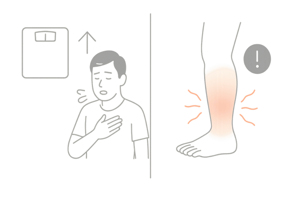 ミノタブ服用中の危険なむくみサインと受診目安の注意喚起イメージ