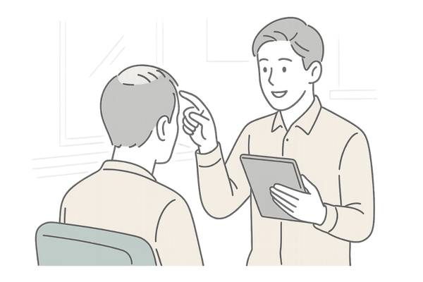 薄毛が気になる男性が美容室で頭皮状態とAGA治療について相談する場面イラスト