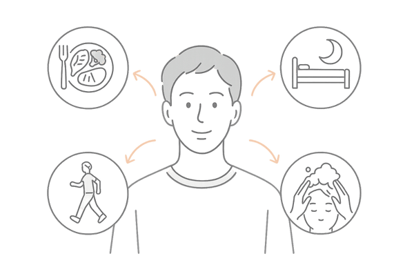 食事・睡眠・頭皮ケアによるハゲと白髪の予防・改善イメージイラスト