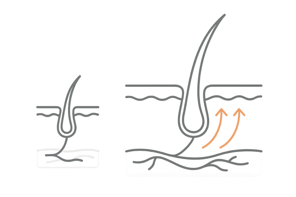 リアップ（ミノキシジル外用薬）の発毛メカニズムを示す頭皮断面イメージ