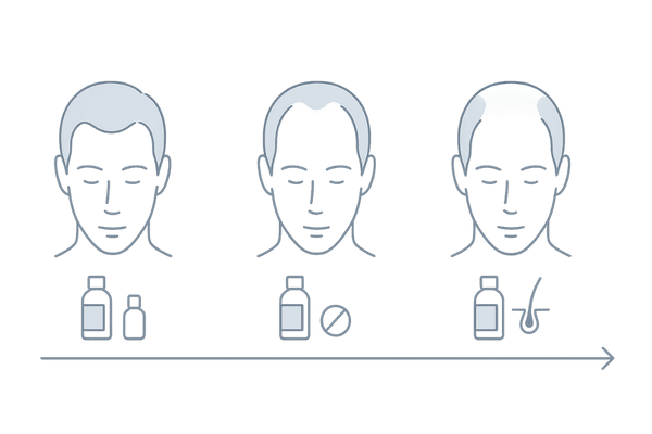 M字ハゲの進行度別にリアップとAGA治療薬を使い分けるイメージ図