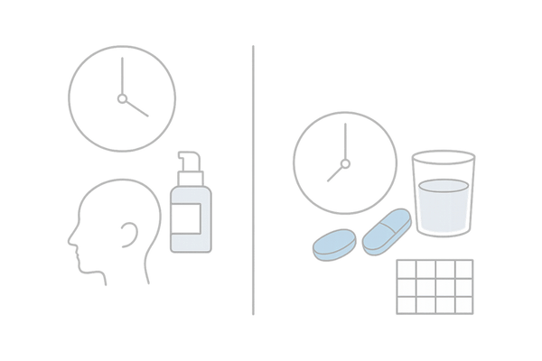 リアップ塗布とAGA内服薬の使用方法・手間を比較した1日の流れイラスト