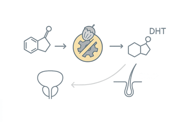 ノコギリヤシの作用機序：5αリダクターゼ抑制とDHT低減の概念図（男性向け）