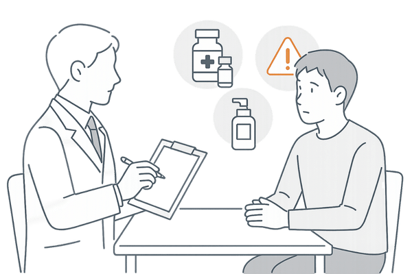 タモキシフェン服用中に主治医へ薄毛相談をしている場面のイラスト