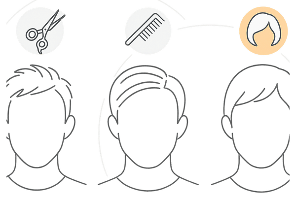 薄毛を目立たせにくくする髪型・分け目・医療用ウィッグのスタイリング例イラスト