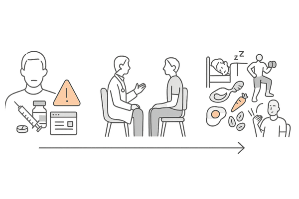 自己判断のテストステロン摂取の危険性と自然なテストステロン対策を対比したイラスト