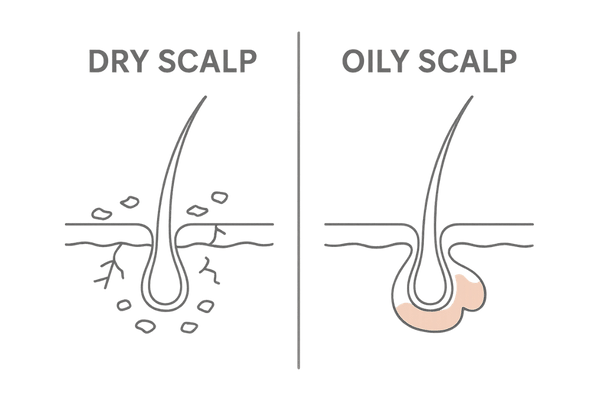 乾燥と脂性による頭皮環境の悪化を比較したイメージ図
