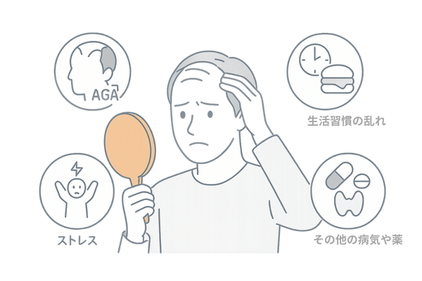 薄毛の主な原因（AGA・生活習慣・ストレス）のイメージイラスト