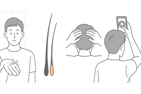 薄毛セルフチェックのポイントを示す男性のイメージイラスト