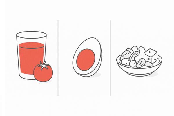 トマトジュースと髪に良い食べ合わせ（卵・ナッツ／チーズでタンパク質と亜鉛を補う相乗効果）