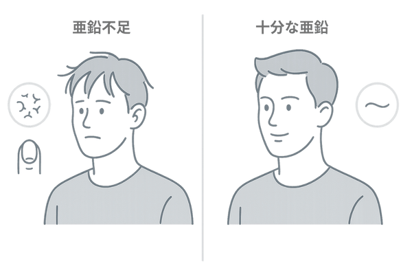 亜鉛不足で起こる抜け毛や髪質変化と全身症状のイラスト