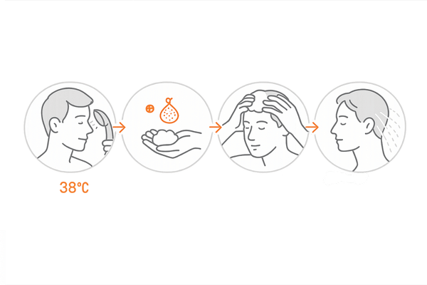 50代男性の正しいシャンプー手順|予洗い・泡立て・指の腹洗い・念入りすすぎの4ステップ図