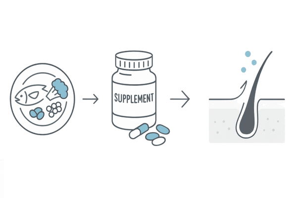 抜け毛対策サプリの役割図｜食事→サプリ→毛根へ栄養が届く3ステップ