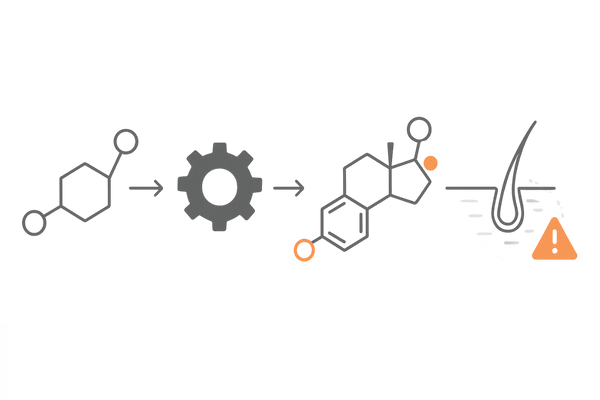 抜け毛の主因イメージ｜男性ホルモン→5α還元酵素→DHT→毛根ミニ縮小
