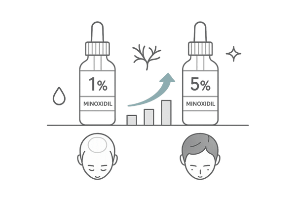 ミノキシジル濃度1％と5％およびサポート成分を図解した市販発毛剤イラスト