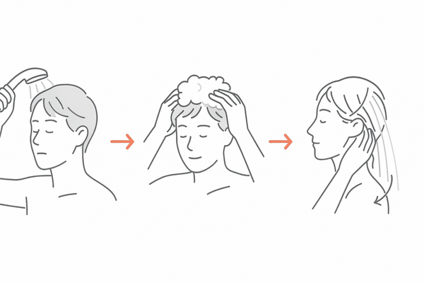 正しい洗髪の3ステップ（予洗い→頭皮をやさしく洗う→丁寧なすすぎ）
