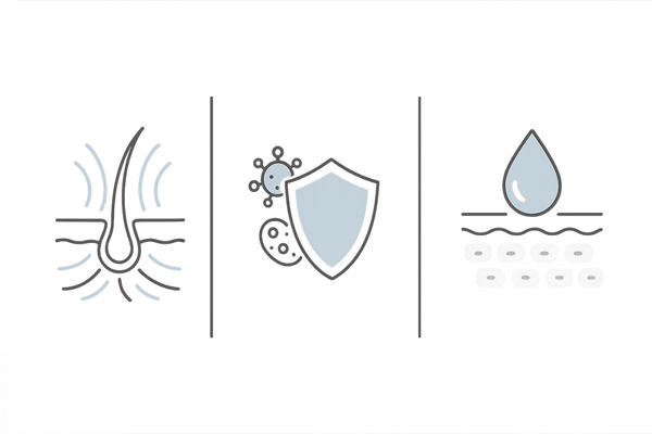スカルプトニックの代表成分:血行促進・抗炎症/殺菌・保湿の3系統アイコン図