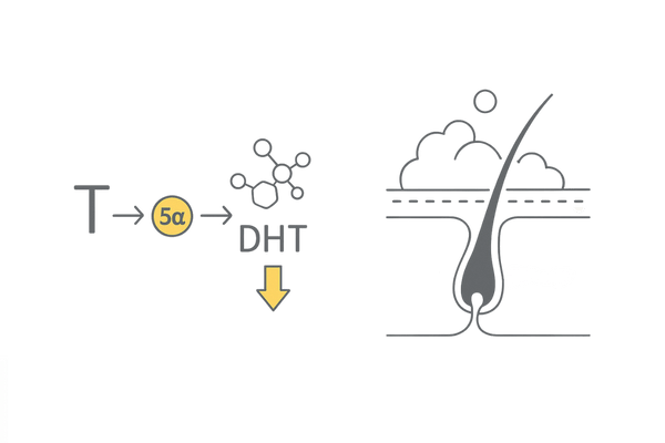 AGAは体内要因、シャンプーは表面作用を示す模式図（DHTと表皮の作用範囲）