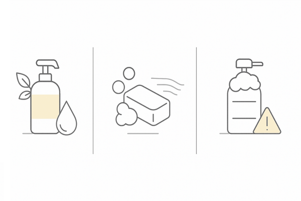 育毛シャンプーの洗浄成分を比較する3カラムアイコン（アミノ酸系・石けん系・硫酸系）