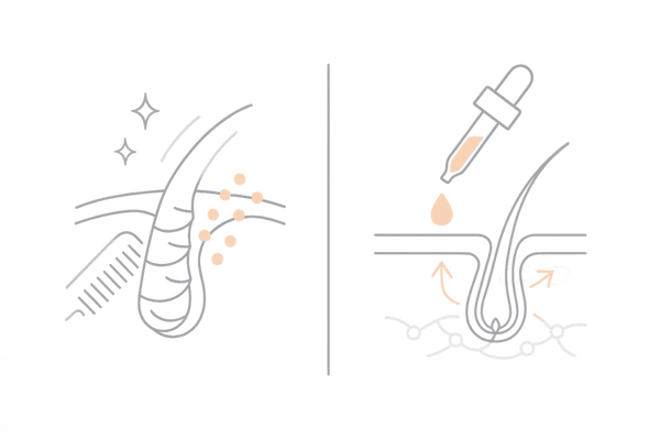 トリートメントと育毛剤の違い（作用部位・目的のビジュアル比較イラスト）