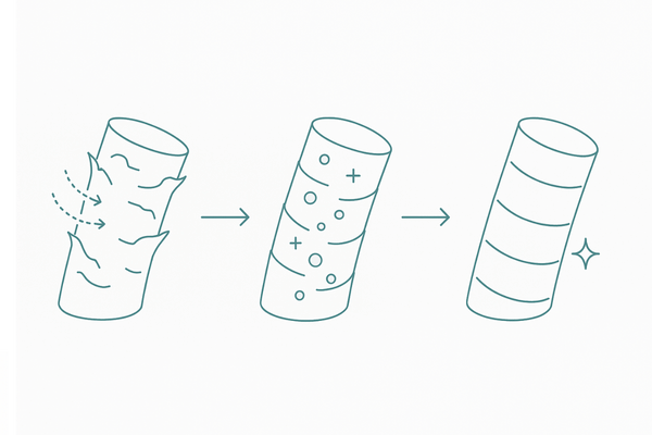 トリートメントの補修・保護メカニズム（キューティクルと水分保持の模式図）