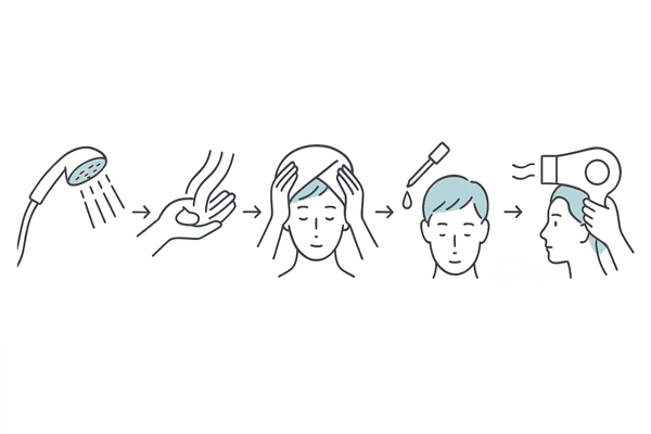 正しい併用順序：シャンプー→トリートメント→タオルドライ→育毛剤→ドライヤー（手順フロー図）