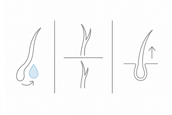 悩み別トリートメントの選び方（乾燥・枝毛切れ毛・ボリューム不足の3分割アイコン）