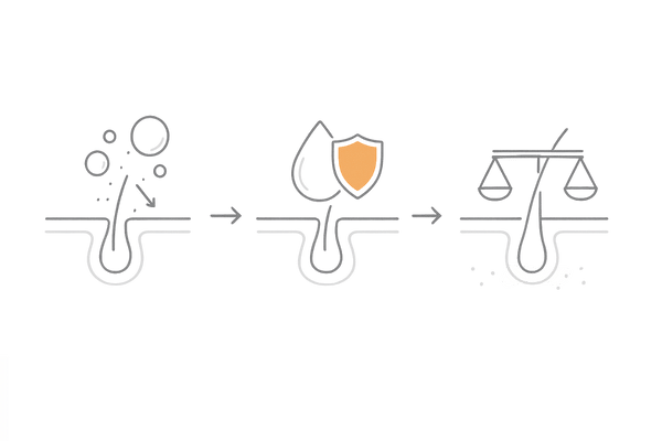 スカルプシャンプーと育毛コンディショナーの役割フロー｜洗浄→保湿・保護→頭皮バランス最適化（メンズ頭皮ケア）