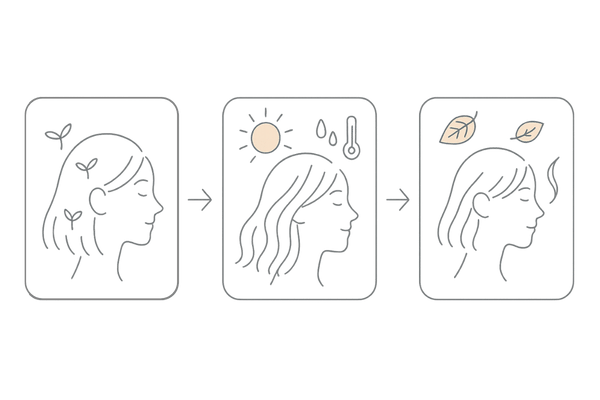 秋に抜け毛が増える仕組み|ヘアサイクルの季節変動を示す3ステップ図(女性向け)