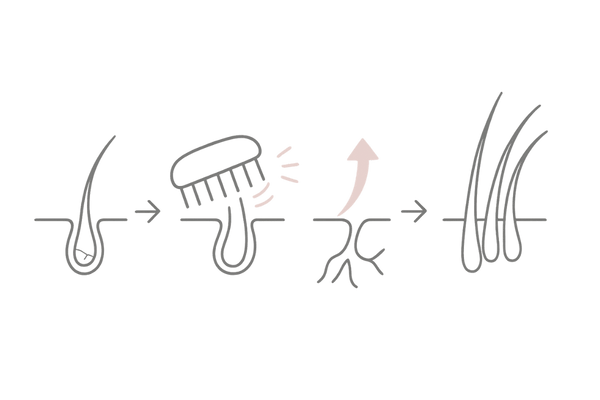 スカルプブラシの毛穴洗浄と血行促進のメカニズム図(女性向け)