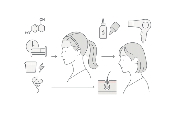 女性の前髪が薄くなる主な原因|ホルモン・生活習慣・牽引・ダメージのメカニズム図