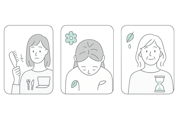 年代別に異なる女性の薄毛の特徴(20–30代/40–50代/60代以降)の横並び比較イメージ
