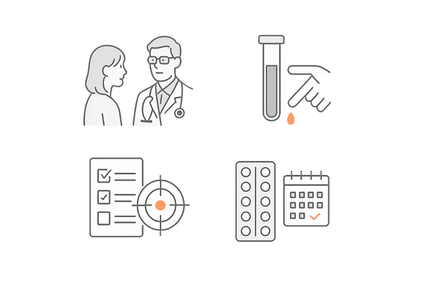 女性の薄毛治療薬の選び方イメージ（医師相談・検査・目標共有・服薬管理）