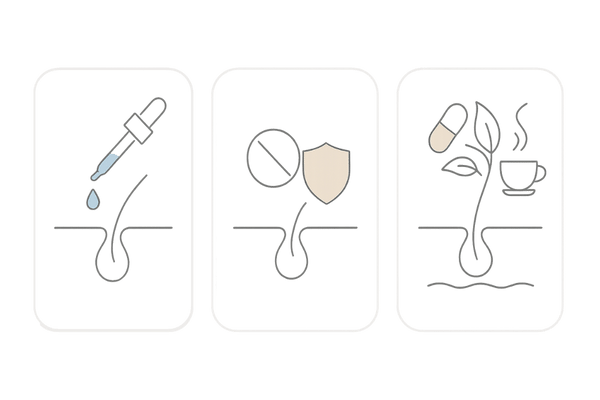 女性の薄毛治療薬の種類と役割図(ミノキシジル・スピロノラクトン・補助療法の比較)