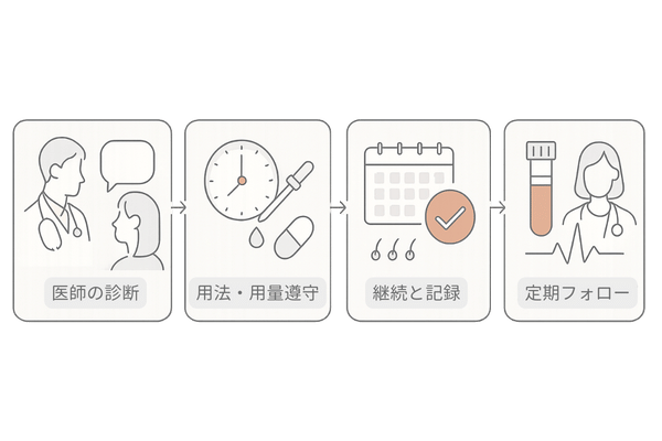 女性の薄毛治療薬の正しい使い方フロー(診断・用量遵守・継続・フォローアップ)