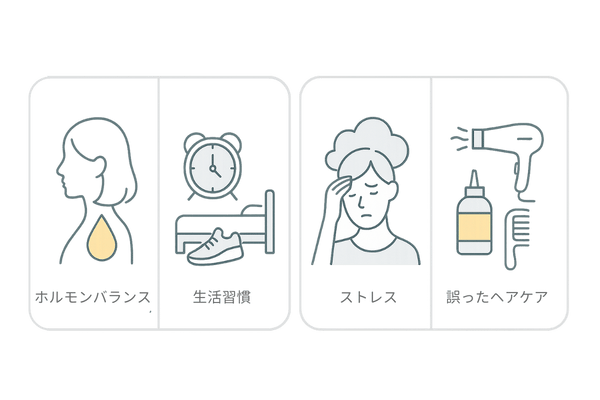 女性薄毛の主な原因4要素の図解(ホルモン・生活習慣・ストレス・ヘアケア)