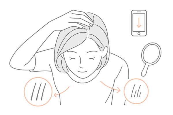 女性のつむじセルフチェック手順イメージ（撮影・かき分け・拡大観察の図解）