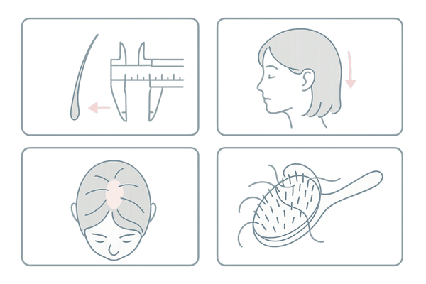 女性の薄毛 初期サインの見つけ方|分け目の広がり・髪の細化・抜け毛のイラスト