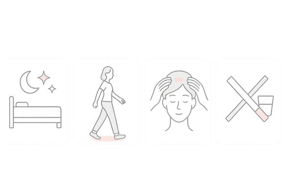 髪を育てる生活習慣の基本|睡眠・運動・頭皮マッサージ・禁煙節酒のイラスト